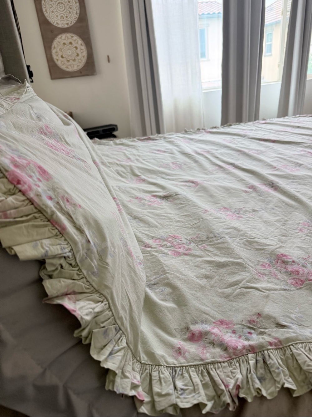 Simply Shabby Chic Blush Beauty Sage Bouquet Rose Ruffle Floral Cotton Duvet